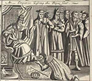 Ein Kaiser küsst die Füße des Papstes, Illustration aus Acts and Monuments von John Foxe, neunte Ausgabe, veröffentlicht 1684