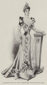 Ein Abendkleid aus Satin, bestickt mit farbigen Seiden