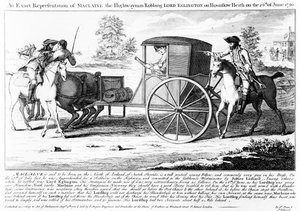 Eine genaue Darstellung des Straßenräubers Maclaine, der Lord Eglington auf dem Hounslow Heath am 26. Juni 1750 ausraubt, Druck von Charles Mosley, 1750 von English School