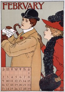 Ein elegantes Paar (Mann wirft einen Brief ein), englisches Kalenderbild, Monat Februar, n.d. Ende 19. Jahrhundert von English School