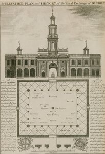 Eine Erhebung, ein Plan und die Geschichte der Royal Exchange, London von English School