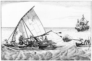 Ein Vorfall während der Weltumsegelung von Le Maire und Schouten 1615-16, aus Band II der Chronological History of the Voyages and Discoveries in the South Sea von English School