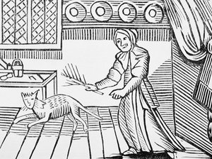 Eine alte Frau peitscht ihre Katze aus, weil sie an einem Sonntag Mäuse gefangen hat, aus einer Sammlung von Chapbooks über Esoterik, 14.-17. Jahrhundert von English School