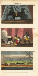 Antike ägyptische Götzenfigur Osiris als Ochse, Omar der Sarazene verbrennt die Bibliothek von Ptolemaios Soter im Jahr 642 und Napoleons Truppen bringen das Grab Alexanders weg von English School