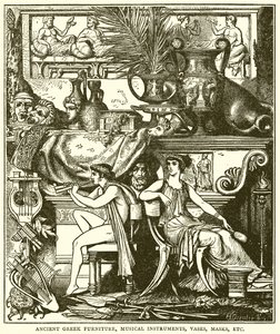 Antike griechische Möbel, Musikinstrumente, Vasen, Masken usw. (Stich) von English School