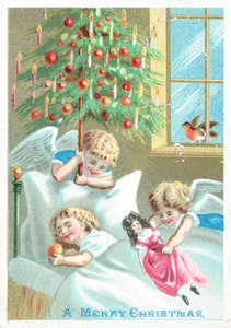 Engel beobachten Kind im Bett, Weihnachtskarte von English School