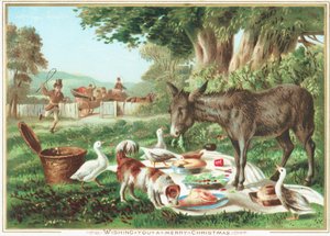 Tiere essen das Picknick, Weihnachtskarte von English School