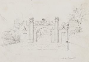 Bogen in Stamford, errichtet zur Begrüßung von Königin Victoria und Prinz Albert auf dem Weg nach Burghley House von English School
