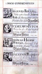 Seite mit vier Wohltätern des New College, Oxford; Joannes Rolle, Gulielmus Fitch, Thomas Hobbs Weeks und Johannes Bassett, aus einem Benefizbuch