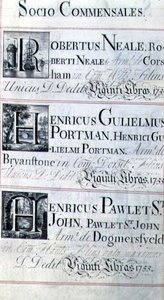 Archiv 3693 f.95 Seite mit der Auflistung von drei Wohltätern des New College, Oxford; Robertus Neale, Henricus Gulislmus Portman und Henricus Pawlet St. John