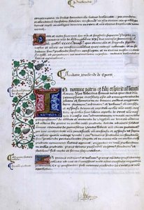 Archiv 9432 f.15v Seite mit Text und illuminiertem Initial, aus dem Gründungsbuch von Robert Sherborne oder Shirburn (ca. 1450-1536) Bischof von Chichester