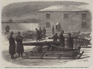 Armstrong-Kanonen auf Schlitten im Ordnance-Yard, St. John, New Brunswick, bereit zur Überlandfahrt nach Kanada von English School
