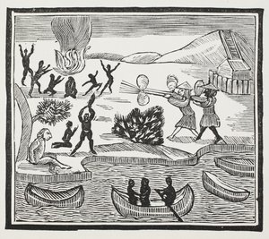 Ankunft von Wilden mit christlichem Gefangenen, Illustration aus Chap-books des achtzehnten Jahrhunderts von John Ashton, veröffentlicht 1882
