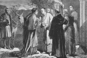 Ankunft von Wolsey in der Abtei von Leicester, Illustration aus The History of Protestantism von James Aitken Wylie, veröffentlicht 1878