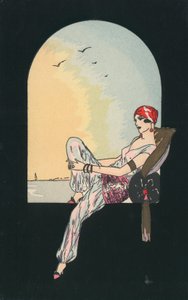 Art-Deco-Bild einer Frau, die auf einem Fenstersitz liegt von English School