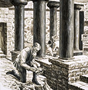 Arthur Evans erkundet die Überreste des antiken minoischen Palastes von Knossos von English School