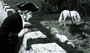 Der Künstler George Stubbs beobachtete, wie ein Löwe sich einem Berberpferd näherte