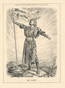 Endlich, Illustration einer weiblichen Kriegerin, die das Frauenwahlrecht feiert, Punch, 23. Januar von English School