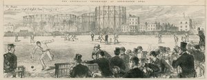 Australische Cricketspieler im Kennington Oval: Lord Harris (Kapitän des englischen Teams) rettet einen 4er