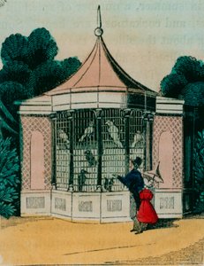Voliere für Papageien und Kakadus im Londoner Zoo. 1840er Jahre von English School
