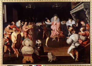 Ball am Hof von England Musiker und Tänzer. Malerei der englischen Schule des 16. Jahrhunderts. London, National Portrait Gallery.