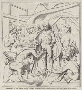 Basrelief der Nelson-Säule, Nelson nimmt die Schwerter der Offiziere nach der Schlacht von St. Vincent entgegen (Gravur) von English School