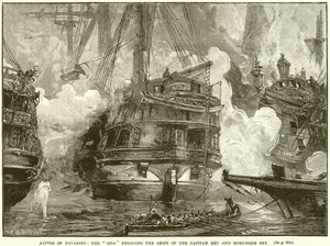 Schlacht von Navarino: Die Asia im Kampf mit den Schiffen von Capitan Bey und Mohurrem Bey
