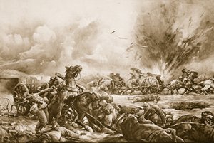 Bayerische Batterie von britischem Geschützfeuer getroffen, während sie südlich der Rapaume-Straße aufbricht, 1914-19 von English School