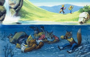 Bär, Wolf und Fuchs verstecken sich unter Wasser