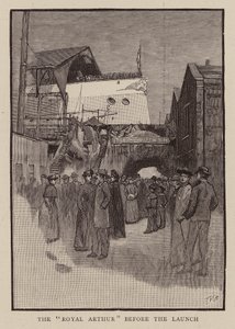 Vor dem Stapellauf der HMS Royal Arthur von English School