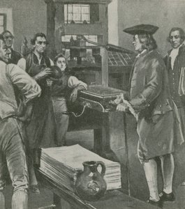 Benjamin Franklin besucht die Druckerei seines alten Meisters in London von English School