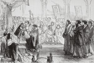Beza überreicht dem König das Glaubensbekenntnis der französischen protestantischen Kirche beim Kolloquium von Poissy, Illustration aus Die Geschichte des Protestantismus von James Aitken Wylie, veröffentlicht 1878