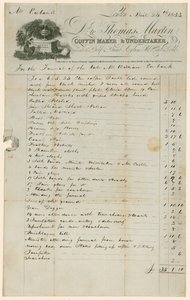 Rechnung von Thomas Martin, Sargmacher & Bestatter in Bezug auf die Beerdigung von Mr. William Eubank von English School