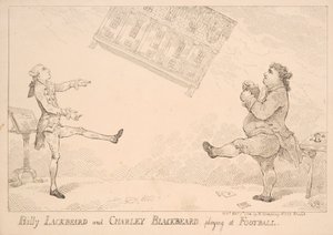 Billy Blackbeard und Charley Blackbeard spielen Fußball, satirische Karikatur zum East India Bill, veröffentlicht von W. Humphrey, 1744 von English School