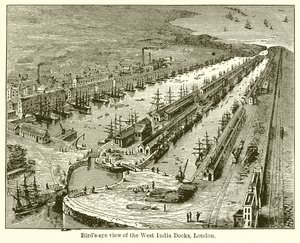 Vogelperspektive der West India Docks, London von English School
