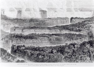 Vogelperspektive der Großen Katarakte des Sambesi (Victoriafälle) aus Narrative of an Exhibition to the Zambesi and its Tributaries, veröffentlicht 1865 von English School