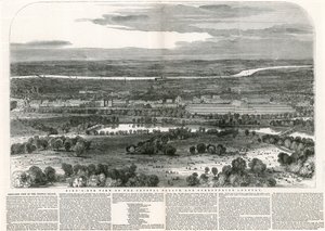Vogelperspektive des Kristallpalastes und der umliegenden Landschaft, Große Ausstellung, 1851 von English School