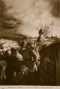 Brennende Bauernhöfe in Flandern durch deutsches Artilleriefeuer entzündet, 1914-19 von English School
