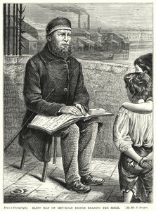 Blinder Mann auf der City-Road-Brücke liest die Bibel von English School