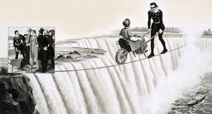 Blondin (Francois Gravelet) schiebt eine Schubkarre über ein Seil über die Niagarafälle von English School