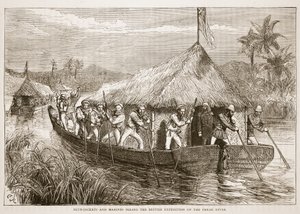 Matrosen und Marinesoldaten staken die britische Expedition den Perak-Fluss hinauf, Illustration aus Cassells Illustrierter Geschichte Englands