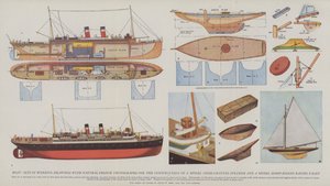 Boot, Sets von Arbeitszeichnungen mit natürlichen Farbfotografien für den Bau eines Modellkanaldampfers und einer Modell-Sloop-Rennyacht von English School