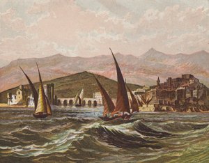 Boote segeln vor der Küste des Heiligen Landes von English School