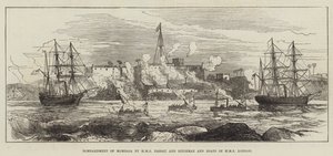 Bombardierung von Mombasa durch HMS Nassau und Rifleman und Boote der HMS London (Stich)