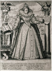 Buch-Frontispiz, das die glückliche und erfolgreiche Herrschaft von Königin Elisabeth I. feiert, 1596