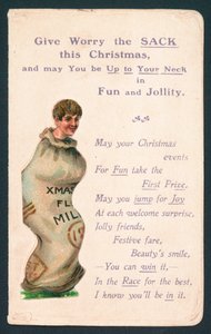 Junge steht in einem Sack! Weihnachtskarte von English School