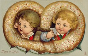 Junge und Mädchen in einem Kuchen verschlungen (Farblithografie) von English School