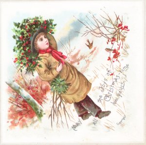 Junge trägt Stechpalme, Weihnachtskarte von English School