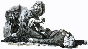 Junge entdeckt eine Frau, die über einem Körper kauert