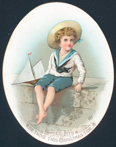 Junge im Matrosenanzug mit Spielzeugyacht, Weihnachtskarte von English School